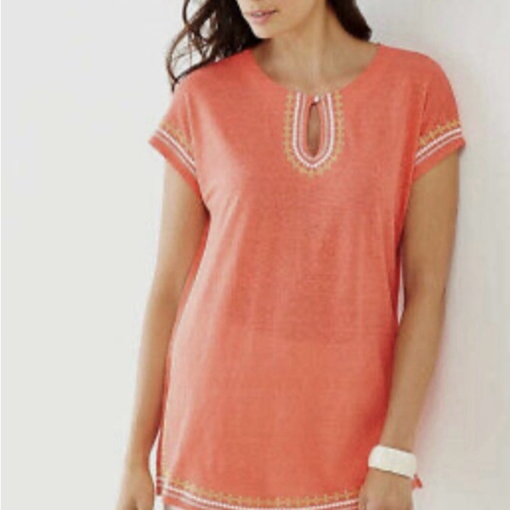 J Jill Love Linen Coral Tunic Kaftan Style Top Beach Boho Flowy Sz M NWOT